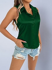 billige Enkle bluser-Dame Skjorte Sateng skjorte Bluse Ermeløs skjorte Knapper عادي Stilfull Klassisk Moderne Ermeløs Skjortekrage Vanlige topper Daglig Ferie Ut på byen Svart Hvit Lilla Grønn Sommer Vår