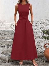 tanie Biała sukienka-Damskie Sukienka maxi Sukienka A line Urlop Codzienny Na zewnątrz Wyjściowe Luźny / a Jednokolorowe Bez rękawów Wycięcie pod szyją Granatowy Czarny Czerwony Zielony Lato Wiosna
