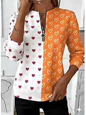 tanie Koszulki na Walentynki-Walentynki Damskie Podkoszulek Zamek Nadruk Serce Miłość Graficzny Bohema Tropikalny Hawajskie Długi rękaw W serek Zwykłe topy Codzienny Wyjściowe Weekend Niebieski Rumiany róż Czerwony Pomarańczowy
