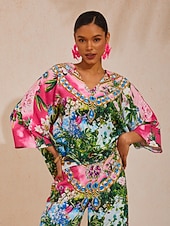 halpa paitoja, toppeja ja puseroja-Pink Jungle Party Silky Satin Diamond Top