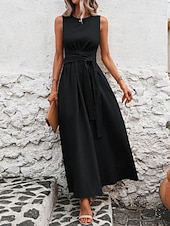 tanie Biała sukienka-Damskie Sukienka maxi Sukienka A line Urlop Codzienny Na zewnątrz Wyjściowe Luźny / a Jednokolorowe Bez rękawów Wycięcie pod szyją Granatowy Czarny Czerwony Zielony Lato Wiosna