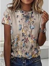 economico T-shirt a righe e geometrico-Per donna Maglietta Stampato Blocco di colori Elegante Classico Casual Manica Corta Girocollo Top Regolari Quotidiano Blu Giallo Cachi Estate Primavera Autunno Inverno