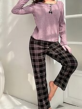 preiswerte Damen Schlafoberteile und -unterteile-Damen Schlafanzug Set Lässig Komfort Blumen Einfarbig Elastischer Bund Hose Täglich Heim Langarm V Ausschnitt Schwarz Weiß Purpur Grau Sommer Frühling Normale Passform