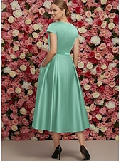 cheap Tea Length-A-Line Tea Length Party Dress Cocktail Dress Wedding Guest Dress Mother of the Bride Dress Cap Sleeve V Neck Elegant Formal Wedding Guest Satin with Bow(s)