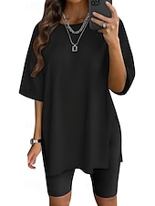 voordelige Effen t-shirt-Dames T-shirt Zijsplit Effen Kleur Grafisch Modieus Klassiek Casual Korte mouw Strakke ronde hals Ronde hals Lange tops Dagelijks Uitgaan blauw Zwart Wit Lichtgroen Blozend Roze Zomer Lente
