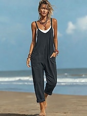 お買い得  バケーションジャンプスーツ-女性用 標準 ジャンプスーツ 活発的 純色 ノースリーブ Ｖネック ポケット 日常 ビーチ ルーズフィット ブラック ワイン パープル 夏