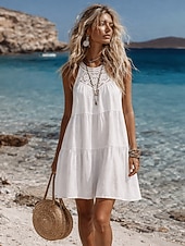 economico Vestiti-Per donna Mini Abito Abiti effetto lino Vestito Estivo Abito a trapezio Abito Estivo Vacanza Casual Quotidiano Spiaggia Vestibilità comoda Semplice Senza Maniche All'americana Blu blu navy Nero Bianco