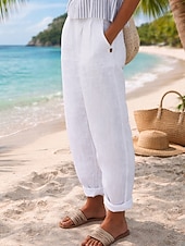 Недорогие Роскошные брюки-Жен. Брюки из хлопка и льна Чино Летние штаны Отпуск Уличный стиль Классический Полная длина Нормальная Полотняное плетение Карман удобный Легкость Дышащий Неэластичная