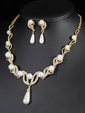 preiswerte Hochzeit ACC-Elegantes Schmuckset aus Imitationsperlen für Damen, bestehend aus Halskette und Ohrringen in Gold- und Silberfarben mit Kristallakzenten, perfekt für Hochzeiten und festliche Anlässe.