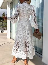 preiswerte Weiße Spitzenkleider-Damen Midikleid Maxikleid Spitzenkleid Weißes Kleid Freizeitkleid Elegant Mode Modern Outdoor Urlaub Ausgehen Normale Passform Schlank Geometrisch Langarm Hoher Ausschnitt Stehkragen Schwarz Wei