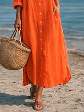 זול שמלות יוקרה-שמלת מקסי לנשים מכותנה ופשתן שמלת שינוי קזואלית יומית רחבה פשוטה עם שרוולים ארוכים צווארון כחול שחור לבן ירוק בהיר קיץ אביב סתיו