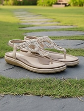 cheap Women-Women's Navy Blue Braided Thong Sandals - Comfortable Strappy Flat Sandals with Arch Support, Elegant Bohemian Summer Shoes for Resort Walking, Tropical Vacations &amp; Sightseeing