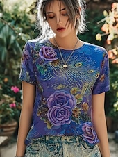 cheap Floral tee-Women's T Shirt Print Floral Graphic Plants Vintage Stylish Classic Short Sleeve Crew Neck Regular Tops Daily Weekend Blue Purple Summer Spring