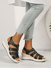 abordables Sandalias de cuña-Sandalias cómodas de cuña negras para mujer: zapatos de plataforma informales con soporte para ir de compras, viajar y usar a diario.