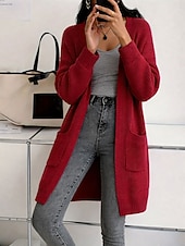 Недорогие Простой кардиган-Жен. Вязаная ткань Кардиган Мода Уличный стиль На каждый день Чистый цвет Рельефный узор Открытый перед Карман Трикотаж Длинный рукав Длинные топы Вязать на открытом воздухе Повседневные выходные