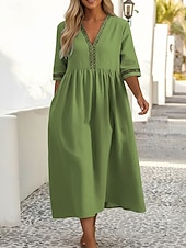 cheap Dresses-Women's 100% Cotton  Midi Dress Cotton Linen Dresses Shift Dress Fashion Modern Outdoor Vacation Going out Loose Fit Plain Half Sleeve V Neck Neon Yellow White Pink Green Summer Spring