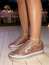 baratos Ténis de mulher-Tênis plataforma feminino com glitter rosé gold, calçado de festa com sola de strass para a noite. &amp;festa pós-casamento