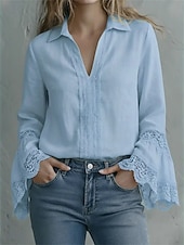 preiswerte Spitzenoberteile-Damen Bluse Elegante Oberteile Spitzentops Gerafft Spitze Patchwork Einfarbig Einfach Elegant Damen Stilvoll Langarm V Ausschnitt Normale Oberteile Täglich Arbeit Ferien Blau Schwarz Weiß Rosa