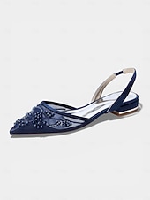 tanie Kobiety-damskie granatowe, siateczkowe, płaskie buty typu slingback, zdobione perłami, ze spiczastym noskiem, dla druhen na wesela w ogrodzie