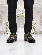 cheap Derby Shoes-Men's Elegant Leather Wedding Shoes - Black with Gold Floral Pattern, Premium Quality Footwear for Weddings and Formal Celebrations