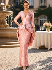 preiswerte Bodenlänge-Schlauchkleid Bodenlang Kleid für Hochzeitsgäste Abendkleid Figurbetontes Kleid Brautmutterkleid Dreiviertelarm V Ausschnitt Elegant Party Hochzeitsgast Formeller Abend Satin Spitze mit Applikationen