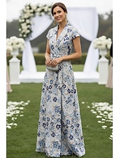 billige Gulvlengde-A-linje Gulvlengde Skjortekjole Gjestekjole til bryllup Formell kjole Kjole til brudens mor Kortermet V-hals Skjortekrage Elegant Formell Bryllupsgjest med Belte / bånd Delt front