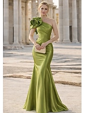 economico Abiti da Sera Sirena-Sirena Tromba Lunghezza al pavimento Abito da Sera Elegante Senza Maniche Monospalla Matrimonio Formale Raso Elasticizzato con Fiori 3D
