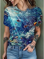 abordables Camiseta de Arte &amp; Diseño-Mujer Camiseta Estampado Oceano Vintage Elegante Casual Manga Corta Cuello Barco Tops regulares Diario Azul Piscina Rosa Azul claro Verano Primavera