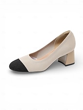 abordables Zapatos de salón de tacón ancho-Zapatos de tacón de bloque con puntera de punto en beige y negro para mujer: cómodos zapatos sin cordones transpirables para desplazamientos diarios de negocios y trabajo de oficina. &amp;damas