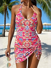baratos Tankinis-Mulheres Roupa de Banho Tankini Saia roupa de banho Com Cordão Elegante Férias Floral Gráfico Decote V Sem Manga Fatos de banho