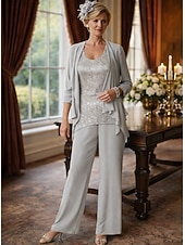 cheap Mom's Pant Suits-Jumpsuits Ankle Length Mother of the Bride Dress Long Sleeve Scoop Neck Elegant Wedding Guest Chiffon with Lace