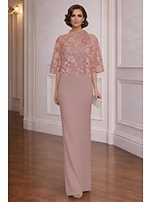 cheap Floor Length-Sheath Column Dress Floor Length Wedding Guest Dress Formal Dresses Evening Gown Mother of the Bride Dress Half Sleeve High Neck Elegant Simple Casual Formal Chiffon Jacquard Shawls with Lace