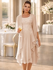  Duas Peças Linha A Até os Joelhos Vestido de convidada de casamento Vestido Para Mãe dos Noivos Sem Manga Scoop pescoço Elegante Convidado do casamento Festa de Casamento Chiffon Renda Vestidos de