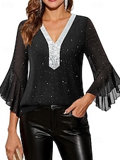 baratos Blusas Elegantes-Mulheres Blusa Tops de lantejoulas Patchwork Bloco de cor à moda Moderno Manga 3/4 Sino Decote V Tops regulares Diário Feriado Para Noite Azul Preto Vermelho Verde Verão Primavera
