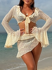 cheap 3 Pieces Bikini Set-Women's Swimwear Bikini Three Piece Cheeky Swimsuit Slim Backless Vacation Beach Wear Solid Color Halter Neck Sleeveless Long Sleeve Bathing Suits