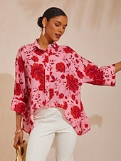 billiga skjortor, toppar och blusar-våren blommar flytande chiffong asymmetrisk dolman ärm blus