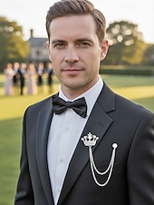 levne Svatba ACC-Pánská klopová brože s korunkou a řetízkem, materiál slitina, dostupné ve zlaté a stříbrné barvě, ideální pro svatby a večírky