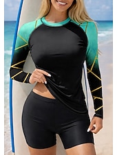 お買い得  サーフィンタンクiniとビキニ-女性用 ラッシュガード水着 ラッシュガード タンキニ水着 勾配 縞柄 2個 取り外し式パッド ボイレグ UVサンプロテクション UPF50+ UVプロテクション 長袖 スイムウェア ラッシュガード サーフィン カヌー ウォータースポーツ 夏