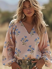 preiswerte Wesentliche Falsche Hemden-Damenbluse Leinenähnlich Atmungsaktiv Leicht Floral Grafik Elegant Bohème Vintage Langarm V-Ausschnitt Reguläre Oberteile Täglicher Feiertag Patchwork Druck Blau Schwarz Pink Grün Sommer Frühling