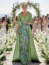 economico Lunghezza del pavimento-Linea ad A Tubino Colonna Lunghezza al pavimento Perline ricamate Abito da invitata a nozze Abito Formale Abito da cerimonia per signora Manica 3/4 Scollo a V Colletto a Camicia Elegante Vintage