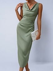 preiswerte Einfaches Kleid-Damen Midikleid Satinkleid Partykleid Figurbetontes Kleid Elegant Mode Modern Outdoor Urlaub Ausgehen Normale Passform Einfach Ärmellos Wasserfallausschnitt Hellgrün Grün Aprikose Sommer Frühling