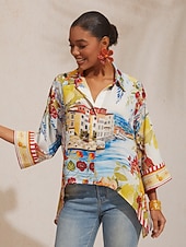 preiswerte Hemden, Tops und Blusen-Sommerbluse aus fließendem Chiffon mit malerischem Blumenmuster im Santorini-Stil