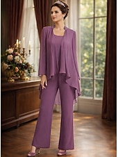 cheap Mom's Pant Suits-Pantsuit Floor Length Mother of the Bride Dress Long Sleeve Jewel Neck Elegant Simple Wedding Guest Formal Evening Wedding Party Chiffon with Solid Color