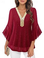 baratos Blusas Elegantes-Mulheres Blusa Tops de lantejoulas Patchwork Bloco de cor à moda Moderno Manga 3/4 Sino Decote V Tops regulares Diário Feriado Para Noite Azul Preto Vermelho Verde Verão Primavera