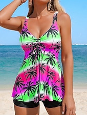 preiswerte Tankinis-Damen Badeanzug Tankini Zweiteilig Hohe Taillenlinie Bademode Bauchkontrolle Hohe Taille Schlank Rückenfrei Urlaub Strandbekleidung Blumen U-Ausschnitt Ärmellos Badeanzüge