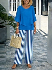  Mujer Conjuntos de pantalones Media Manga Mariposa Escote Redondo Graphic A Rayas Elegante Vacaciones Casual Diario Azul Piscina Amarillo Rosa Primavera verano Ajuste regular