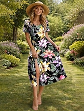 economico Abiti floreali-Per donna Abito Midi Vestito T-Shirt Abito a trapezio Abito Estivo Vacanza Casual Spiaggia Vestibilità regolare Floreale Grafico Manica Corta Girocollo Nero Rosa Arancione Estate Primavera