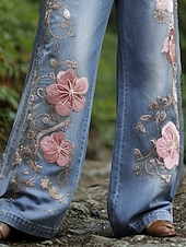  نسائي الرسوم البيانية ساق عريضه تشينوز العطلة عتيق موضة مكتمل الطول خصر عالي ورد جيب طبع مريح ناعم مرن نسبياً الأماكن المفتوحة عطلة شارع أزرق الربيع الخريف الشتاء فضفاض صالح