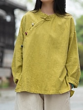 economico Collezione di Lino Premium-Camicia da donna a maniche lunghe con colletto alla coreana in lino biologico
