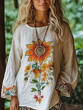 billiga Boho-toppar-Dam Skjorta Boho skjorta Blus Mönster Blommig bohemliv Vintage Hawaiisk Långärmad Rund hals Vanliga toppar Dagligen Utekväll Standkläder Vit Sommar Vår Höst